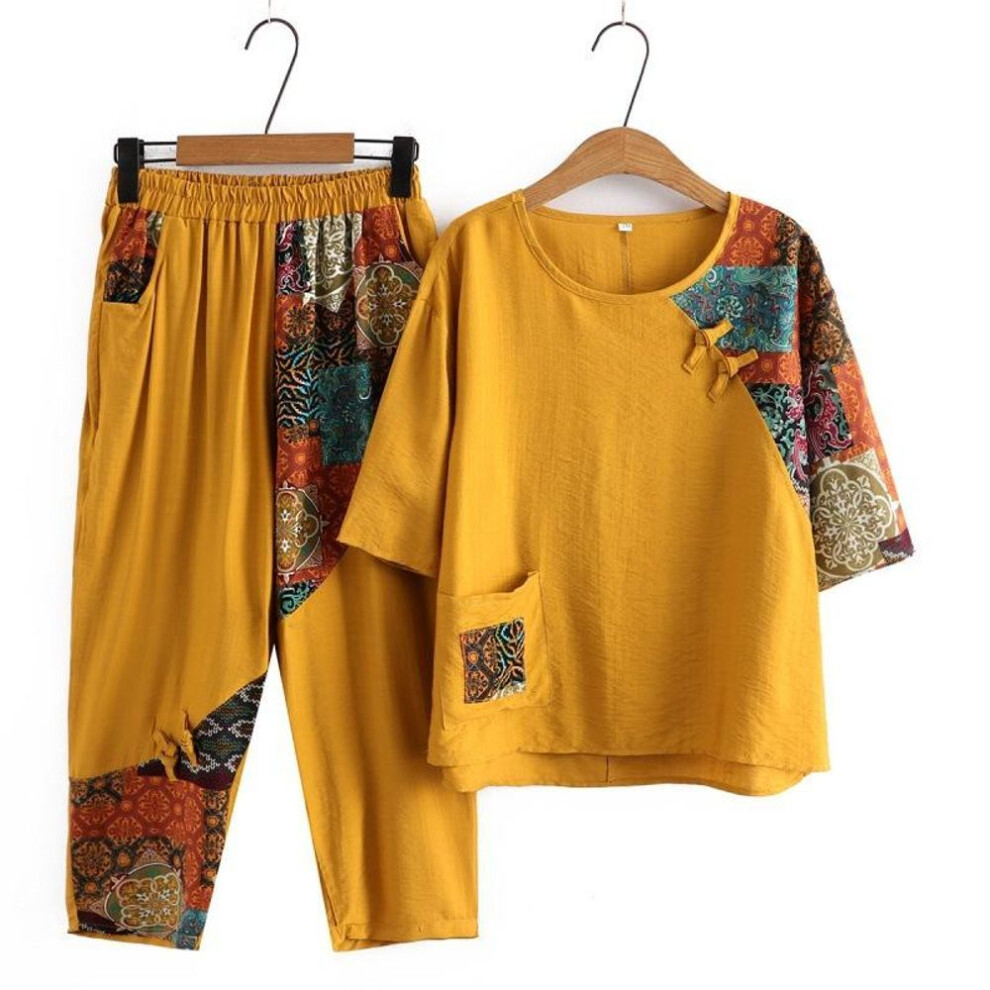 (yellow, L) Women's Casual Summer Fashion Plus Size Clothing Loose Cotton Linen Short Cropped Pants Two Piece Set