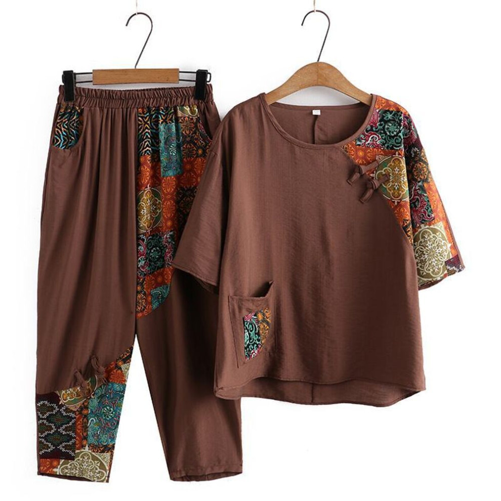 (brown, XL) Women's Casual Summer Fashion Plus Size Clothing Loose Cotton Linen Short Cropped Pants Two Piece Set