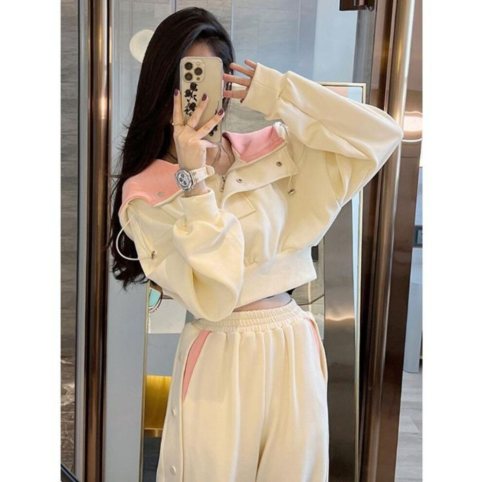 (as the picture, L) Korean Style Fashion Short Sweatshirt And  Pants Set For Women's Leisure Wear