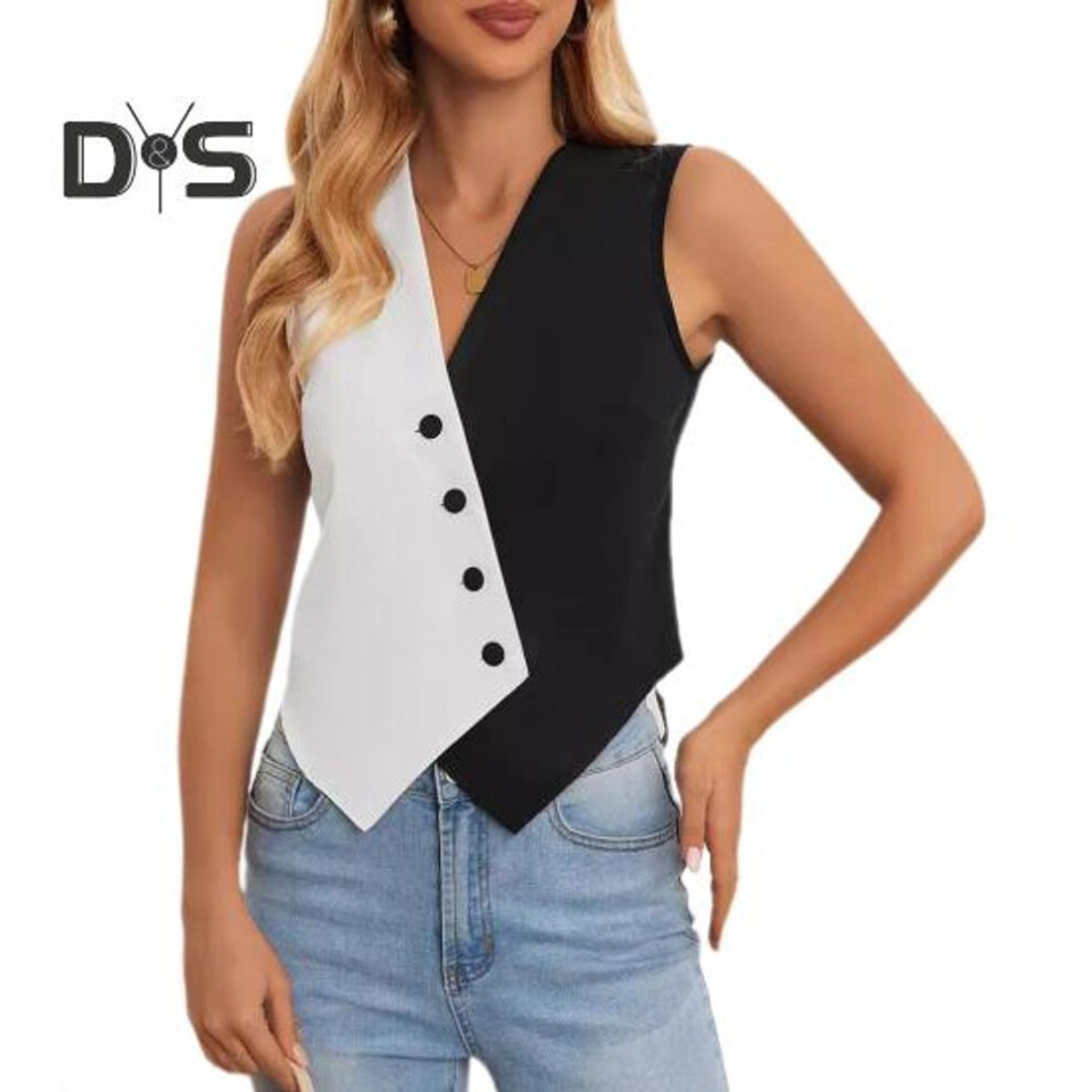 (L, black white) Women Button Waistcoat Sleeveless Black White Colorblock Suit Vest Crossover V-neck Casual Short Top for Daily Wear Dating Street