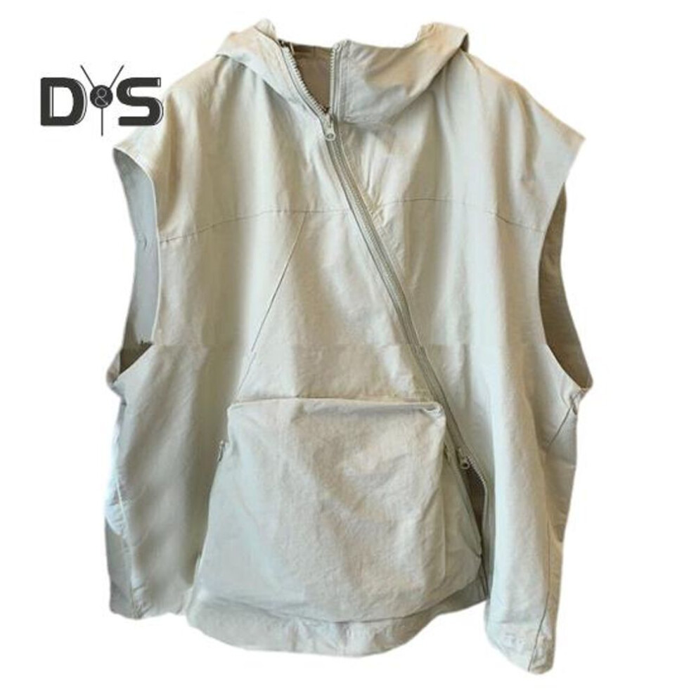 (apricot, 2XL) Women Summer Hooded Vest Diagonal Zipper Breathable Female Sun Protection Clothing Ladies Solid Color Casual Loose Top With Pocket