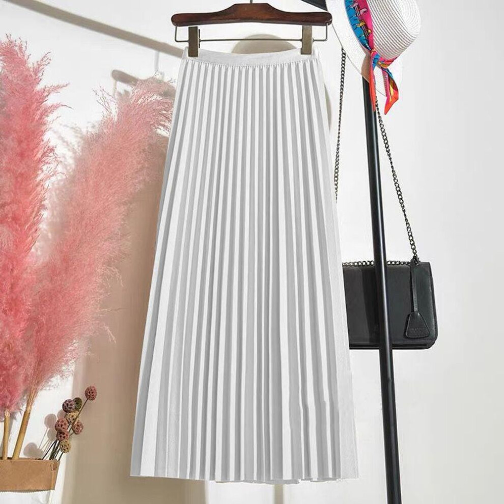 (One Size, white) Women Classic High Waist A-line Long Skirt Slimming Pleated Skirts