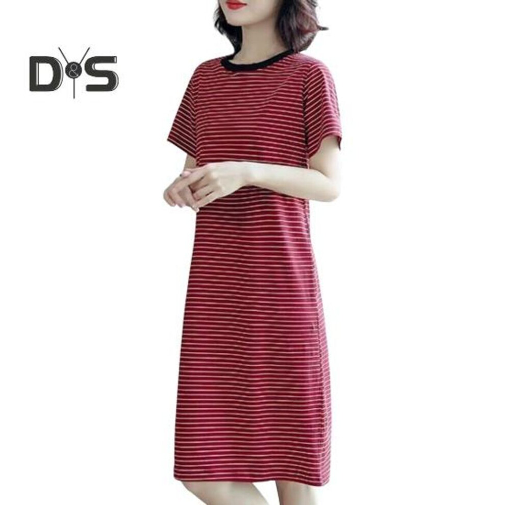 (red, 3XL) Women Casual Striped Middle Dress Short Sleeve Loose Round Neck Summer Lightweight Comfortable Office Beach Party Dress