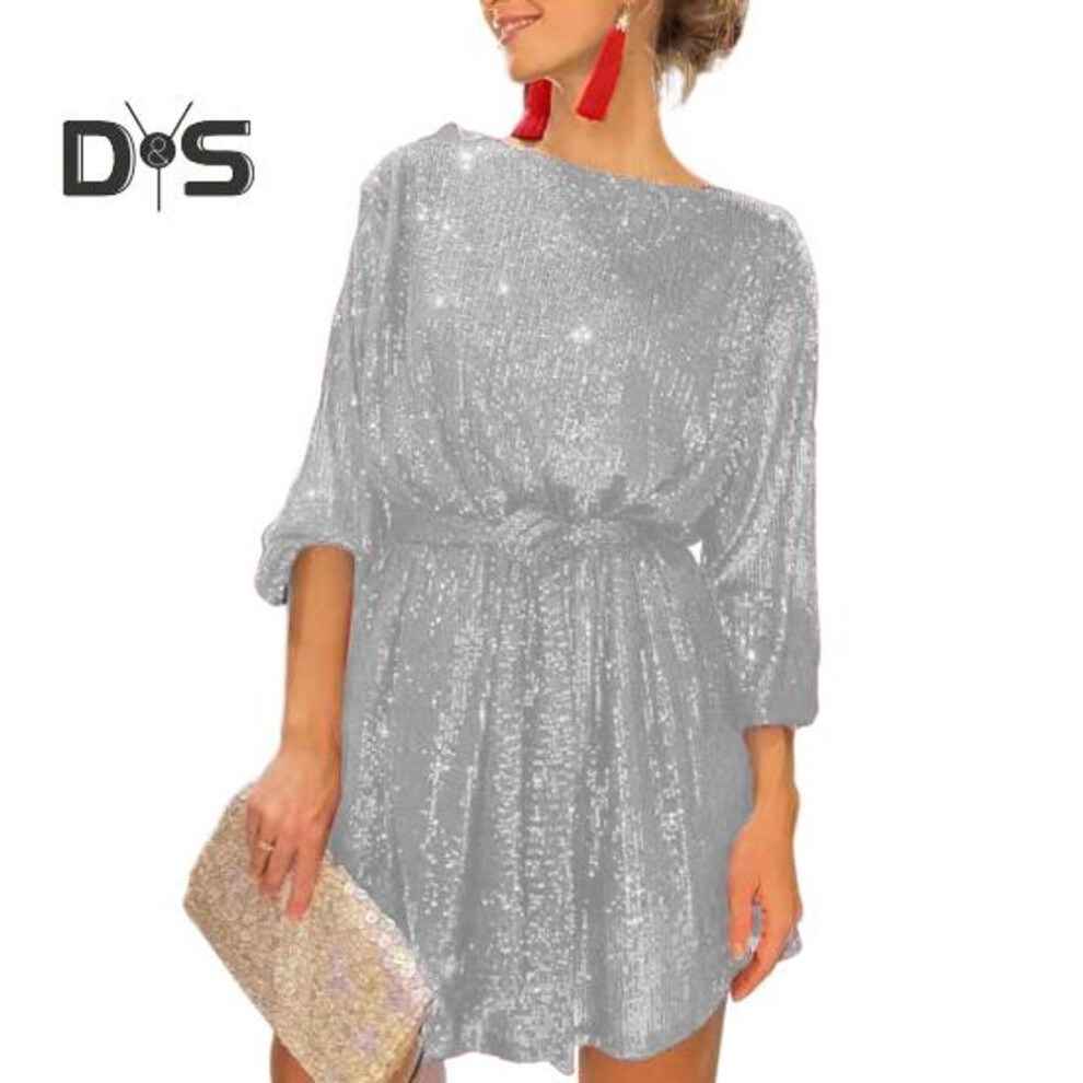 (white, 2XL) Women Mini Dress Sequin Solid Color Waist Long Sleeve Crew Neck Loose Casual Short Dress Holiday Party