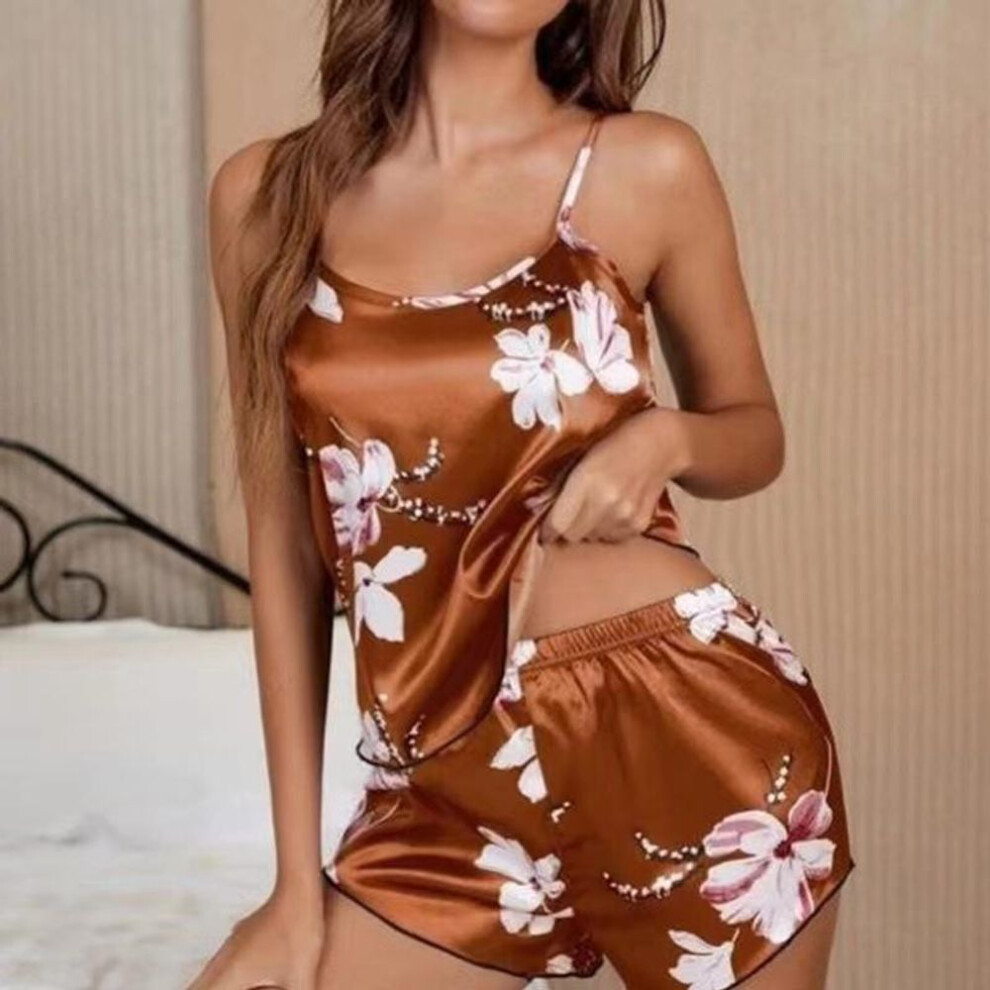 (brown, L) Women Nightwear Home Clothes Sexy Black Floral Printing Nightdress Sleepwear Nightshirts Silk Sleepshirts Nightgowns For Woman