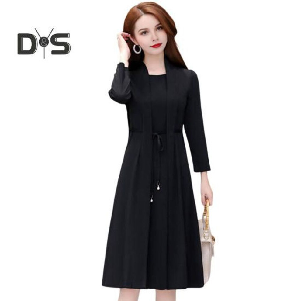 (black, 2XL) Lady Dress Fake Two-piece Formal Elegant Style Lace-up Strap Plus Size Long Sleeve Commuting Dress A-line Office Midi Dress