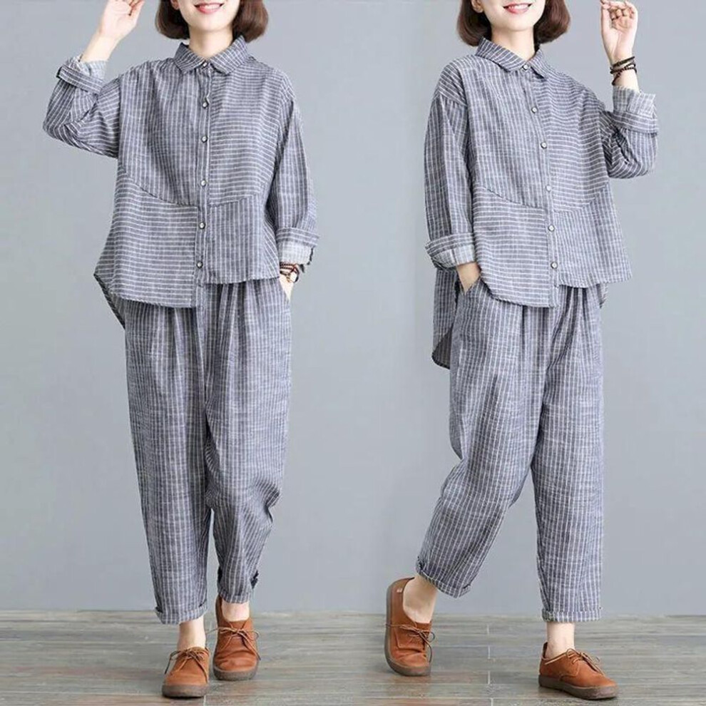 (navy blue, S) Spring Autumn Sets Women Retro Literature Large Size Thin Cardigan Casual Loose Trousers Two-piece Suit Stripes Fashion Suits