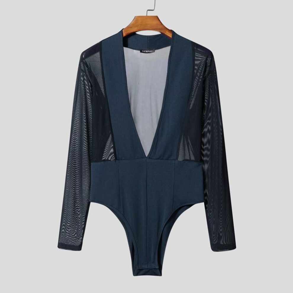 (L, blue) Incerun Men Long Sleeve Mesh Sheer Patchwork See Through Leotard Jumpsuits