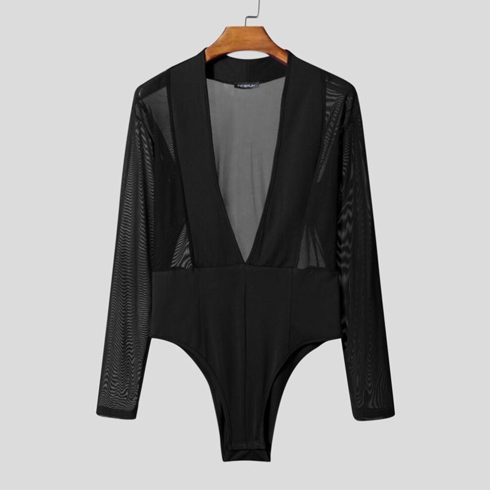 (5XL, black) Incerun Men Long Sleeve Mesh Sheer Patchwork See Through Leotard Jumpsuits