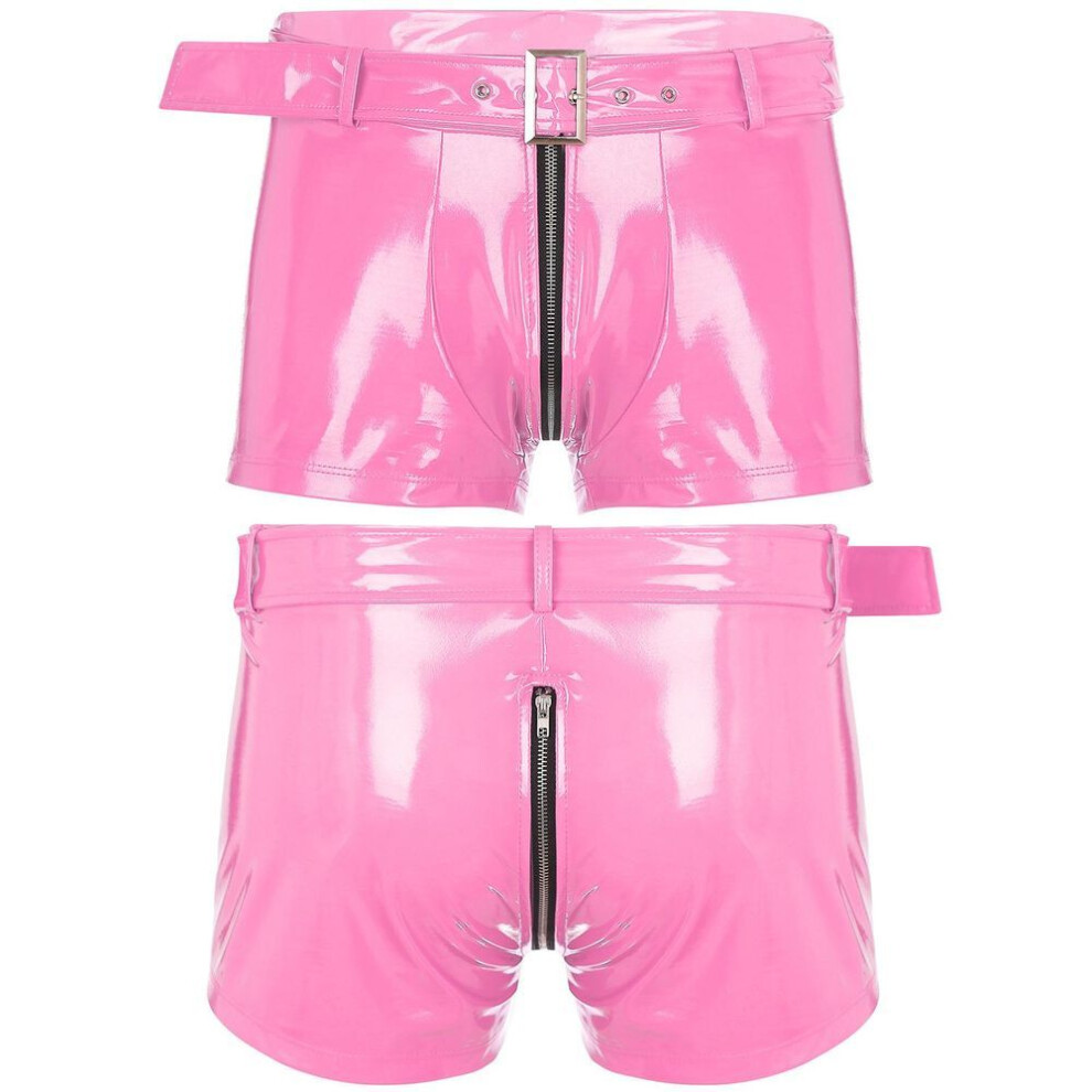 (L, pink) Men Latex Boxer Shorts Hot Pants Bar Disco Nightclub Performance Costume Hot Shorts With Waist Belt