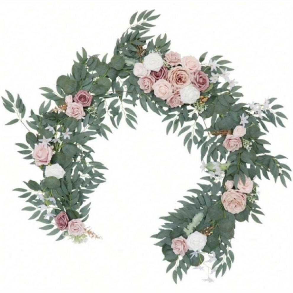 (pink, 1.8m) Eucalyptus Willow Leaf Garland With Flower, Handcrafted Wedding Sweetheart Head Table Decor Arch Backdrop Decorations For Wedding Outdoor Decor, 1.8m