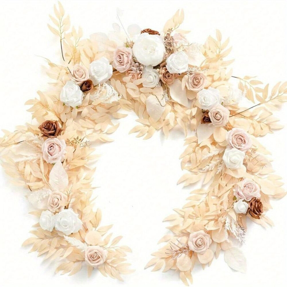 (beige, 1.8m) Eucalyptus Willow Leaf Garland With Flower, Handcrafted Wedding Sweetheart Head Table Decor Arch Backdrop Decorations For Wedding Outdoor Decor, 1.8m