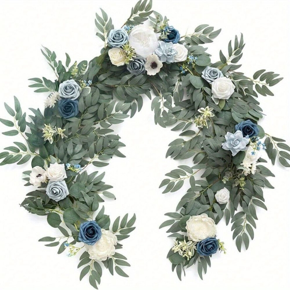 (blue, 1.8m) Eucalyptus Willow Leaf Garland With Flower, Handcrafted Wedding Sweetheart Head Table Decor Arch Backdrop Decorations For Wedding Outdoor Decor, 1.8m