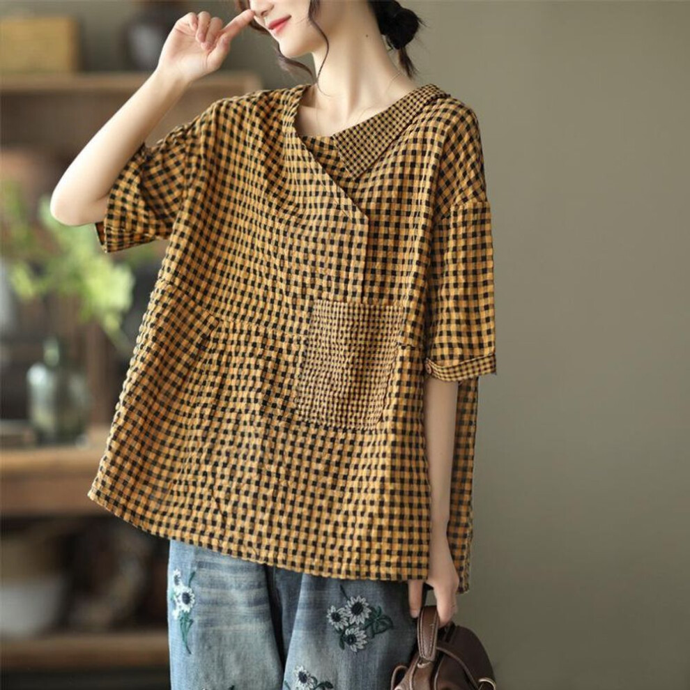 (S, yellow) Fashion Cotton Linen T Shirt Women Half Lapel Short Sleeve Summer Trend Vintage Pocket Large Size Loose Plaid