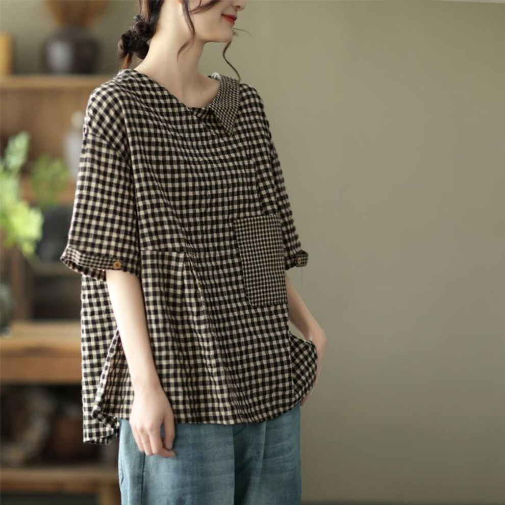 (XL, black) Fashion Cotton Linen T Shirt Women Half Lapel Short Sleeve Summer Trend Vintage Pocket Large Size Loose Plaid