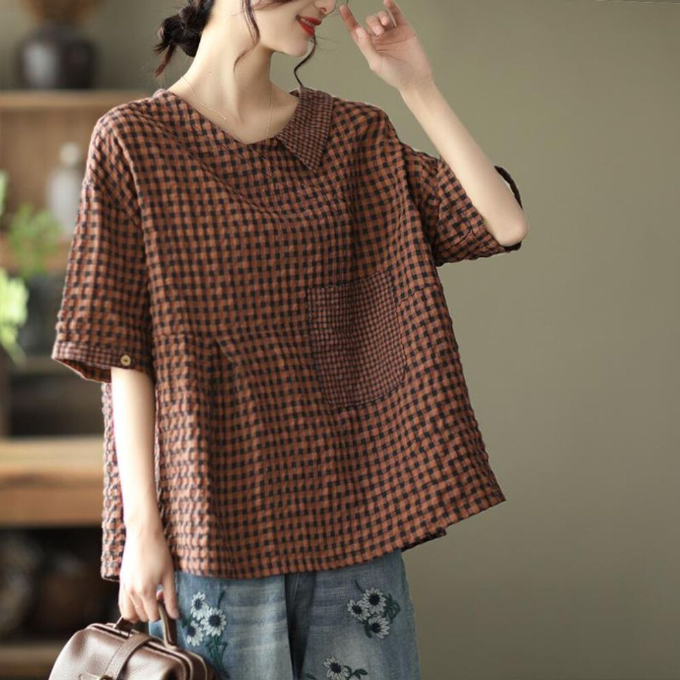 (M, red) Fashion Cotton Linen T Shirt Women Half Lapel Short Sleeve Summer Trend Vintage Pocket Large Size Loose Plaid