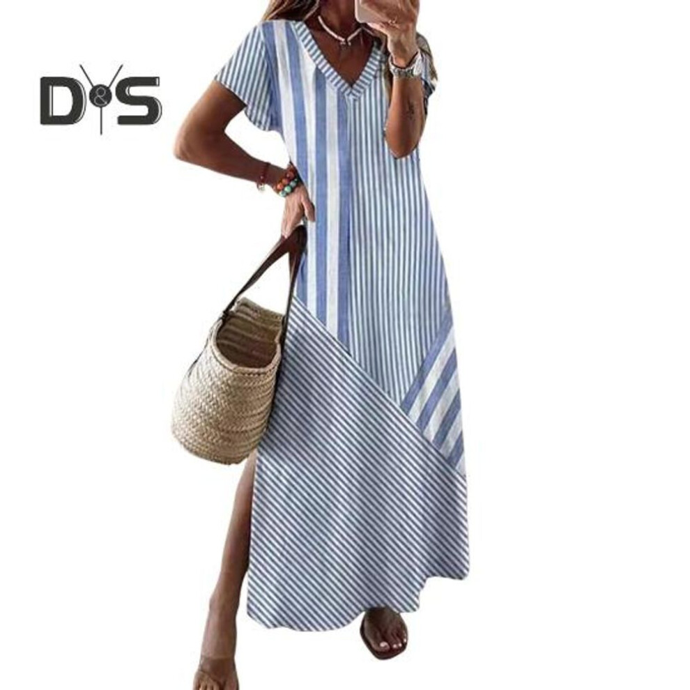 (sky blue, XL) Summer Women Dress V Neck Side Split A-line Loose Short Sleeves Striped Print Pullover Ankle Length Vacation Beach Maxi Dress
