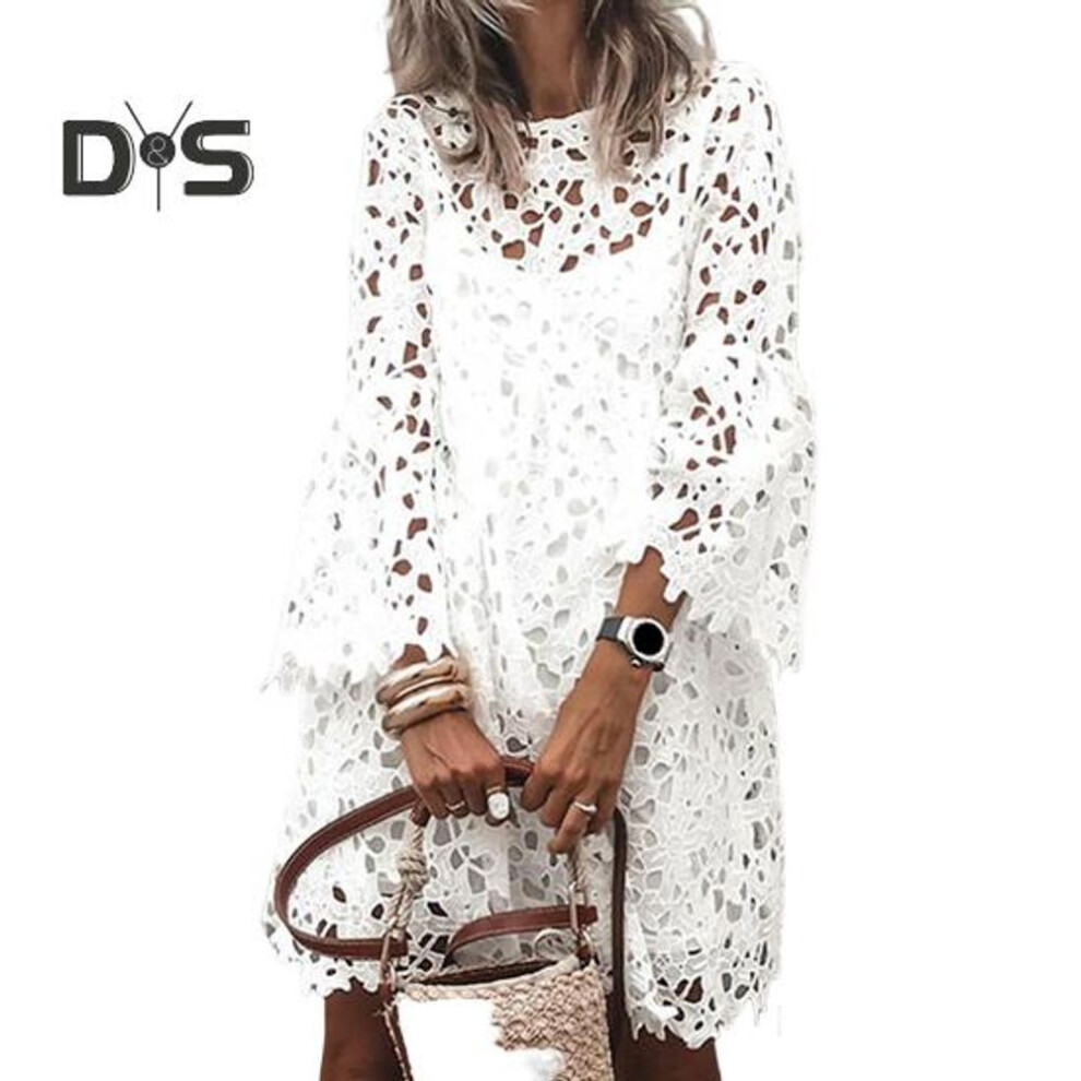 (white, 2XL) Fall Spring Women Dress Hollow Lace Flower Embroidery Round Neck Double-layered Long Sleeves Solid Color Loose Ethnic Midi Dress