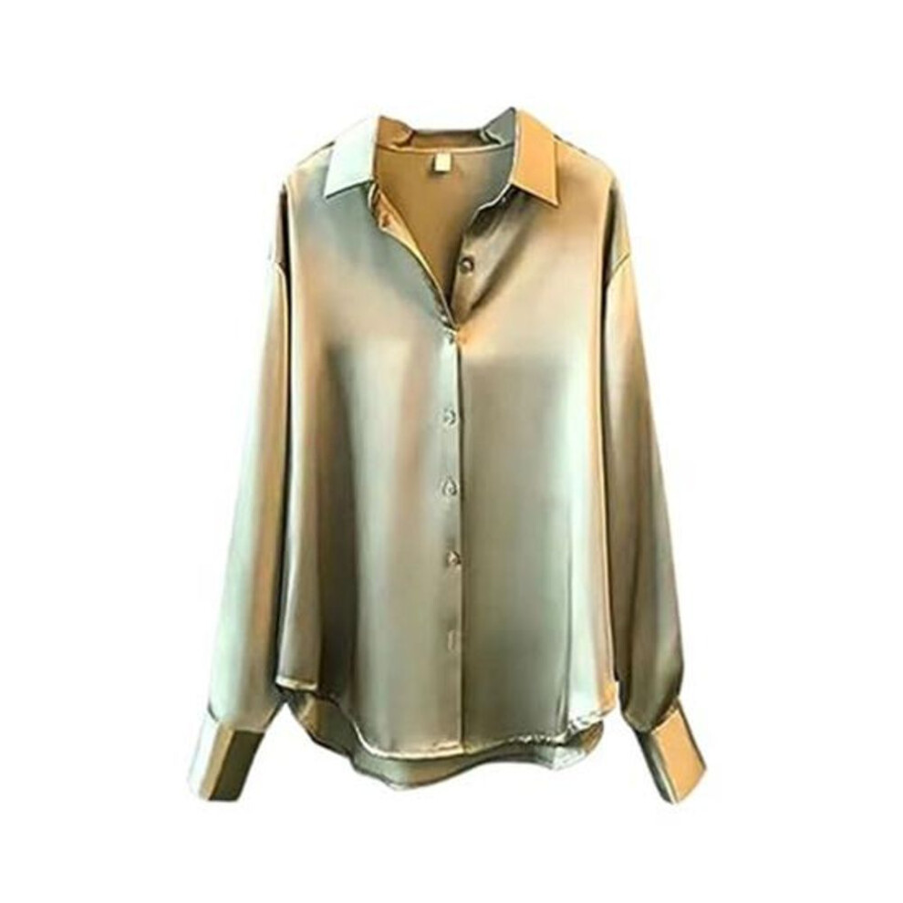 (XXL, light green) Women Shirt Lapel Long Sleeve Single Breasted Shirt Tops Solid Color Smooth Satin Loose Fit Versatile Shirt