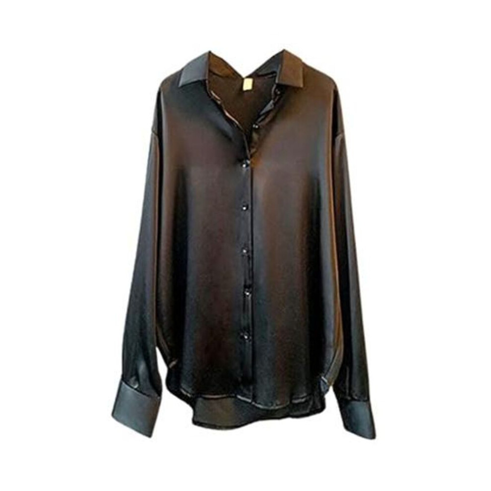 (M, black) Women Shirt Lapel Long Sleeve Single Breasted Shirt Tops Solid Color Smooth Satin Loose Fit Versatile Shirt