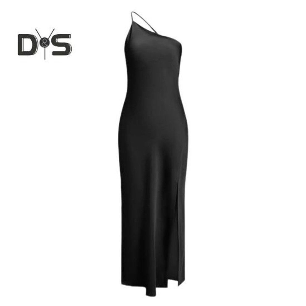 (black, S) Women Sexy Dress Sloping Collar Sleeveless Open Back Design Long Dress Solid Color Side Slit Design Party Dress