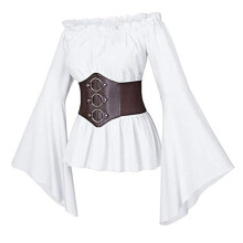 (white, XXL) Women Top with Corset Medieval Pirate Off Shoulder Irregular Flared Sleeves Blouse Petal Hem Festival Performance Cosplay Costume