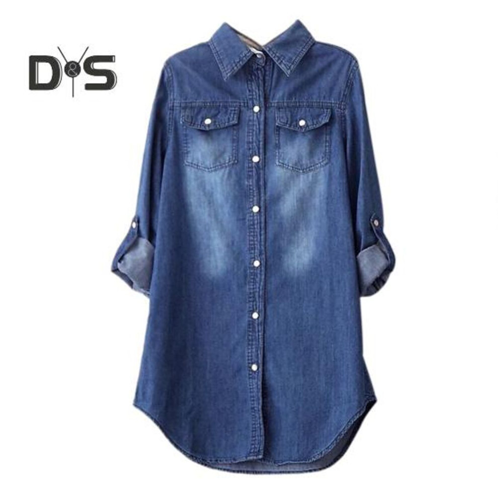 (dark blue, M) Women Shirt Coat Lapel Long Sleeve Loose Fit Mid-length Denim Shirt Basic Commuting Style Outwear With Pockets