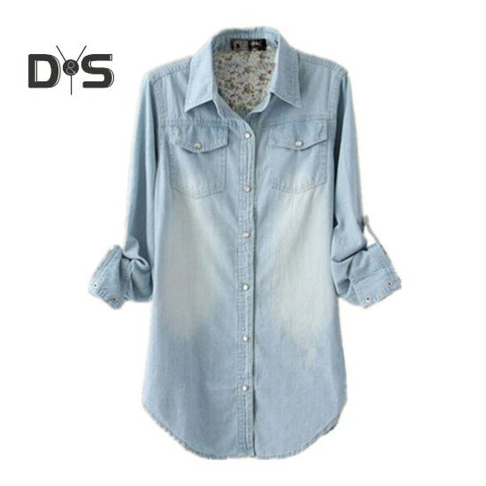 (light blue, 2XL) Women Shirt Coat Lapel Long Sleeve Loose Fit Mid-length Denim Shirt Basic Commuting Style Outwear with Pockets