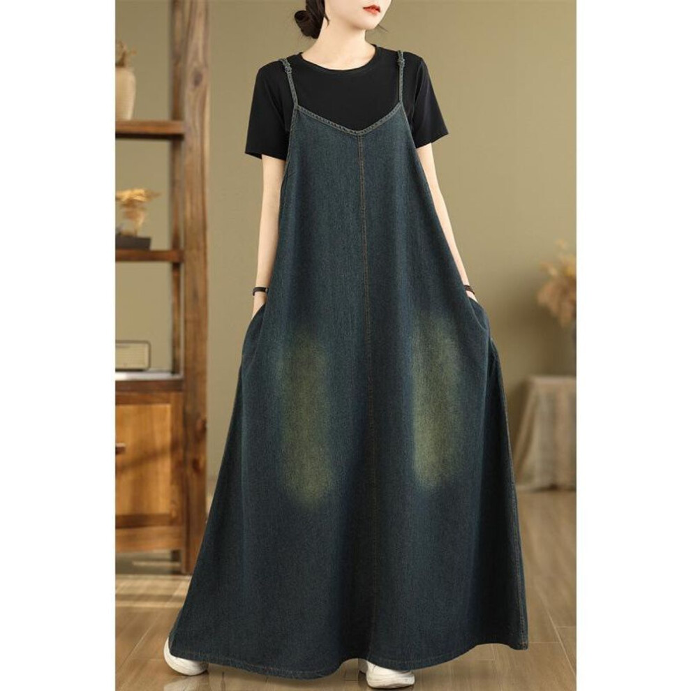 (dark blue, Large size XL) Slack wearing denim suspender dress women's retro lazy vacation dress long dress