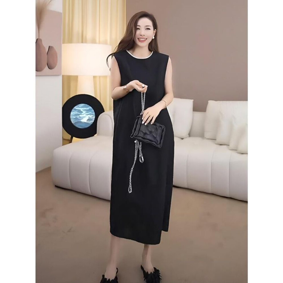 (black, XXL) Sleeveless vest dress 2025 new women's summer cotton and linen loose and thin casual temperament dress