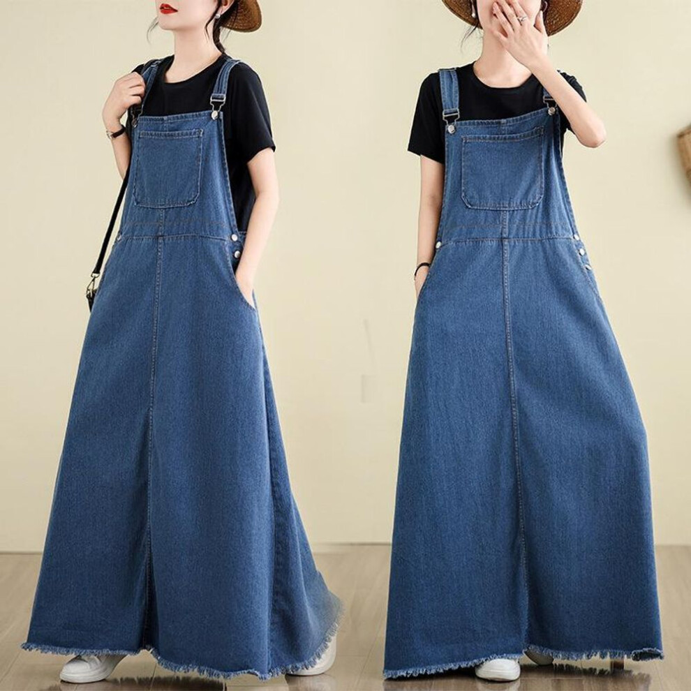 (blue, 5XL size 180-100kg) Summer day new loose large size denim strap skirt versatile dress temperament thin age-reducing dress