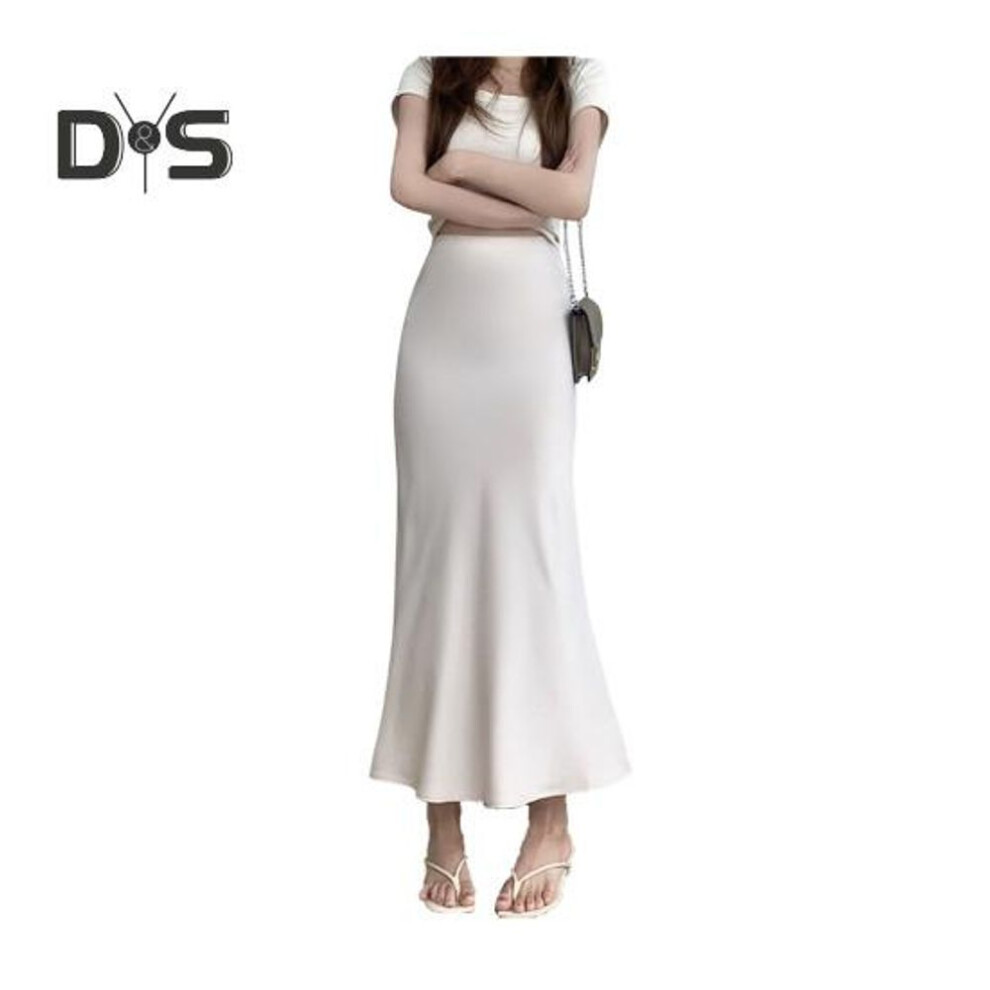 (M, apricot) Women Fishtail Skirt High Waist Hip Wrapped Slim Fit Skirt Solid Color Smooth Satin Maxi Skirt Work Leisure Daily Wear