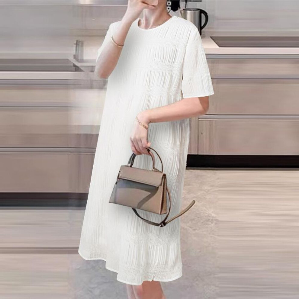 (white, S) ZANZEA Women Summer Round Neck Short Sleeve Ruffle Hem Dresses