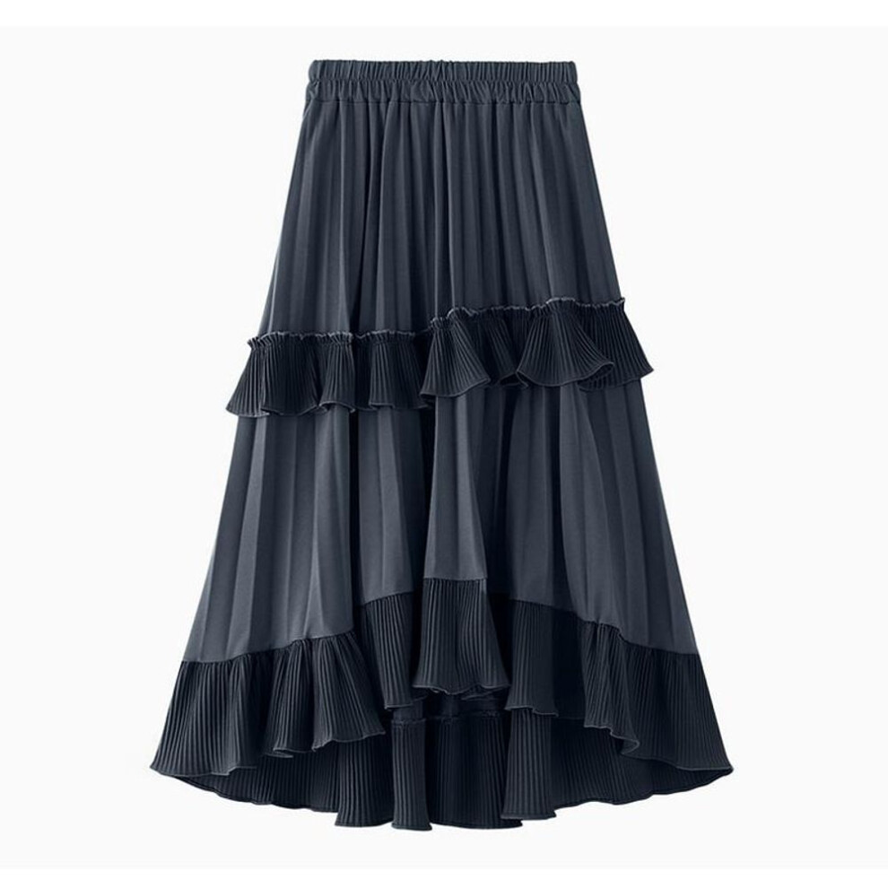 (4XL, dark blue) ZANZEA Women Summer Elastic Waist Solid Color A-Line Pleated Loose Skirts