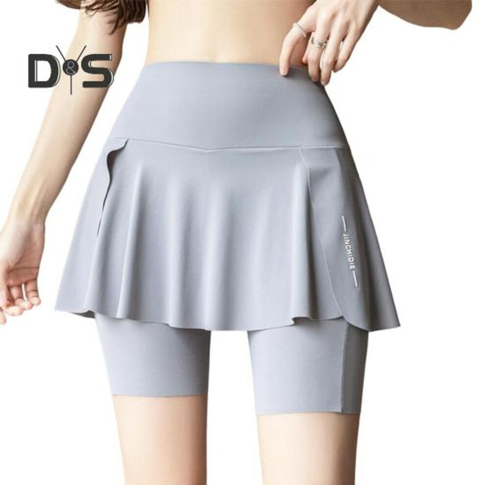 (grey, XL) Women Yoga Skorts Elastic High Waist Pockets Design Mini Sport Shorts Solid Color Fake Two Pieces Running Cycling Skorts