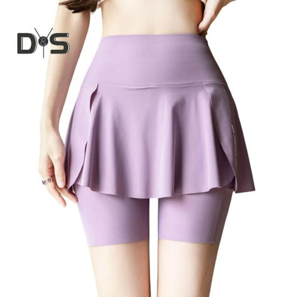 (purple, XL) Women Yoga Skorts Elastic High Waist Pockets Design Mini Sport Shorts Solid Color Fake Two Pieces Running Cycling Skorts
