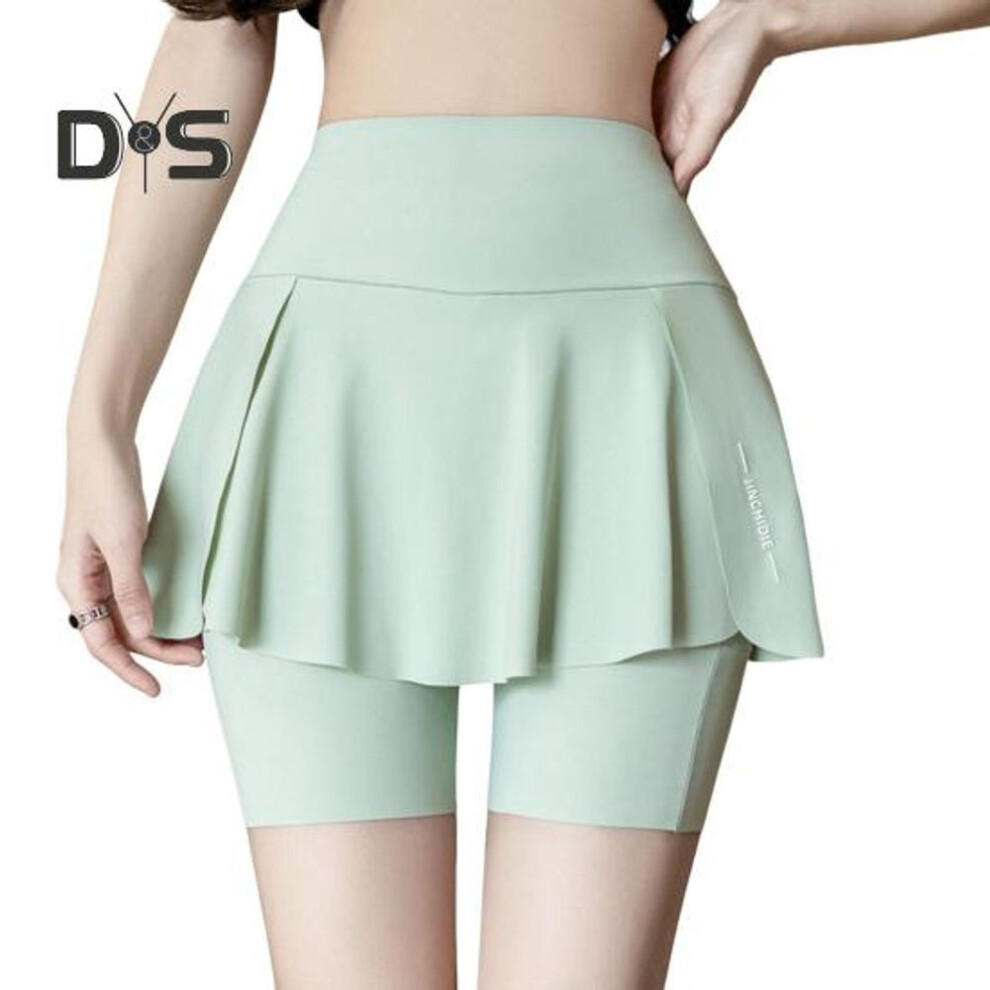 (green, L) Women Yoga Skorts Elastic High Waist Pockets Design Mini Sport Shorts Solid Color Fake Two Pieces Running Cycling Skorts