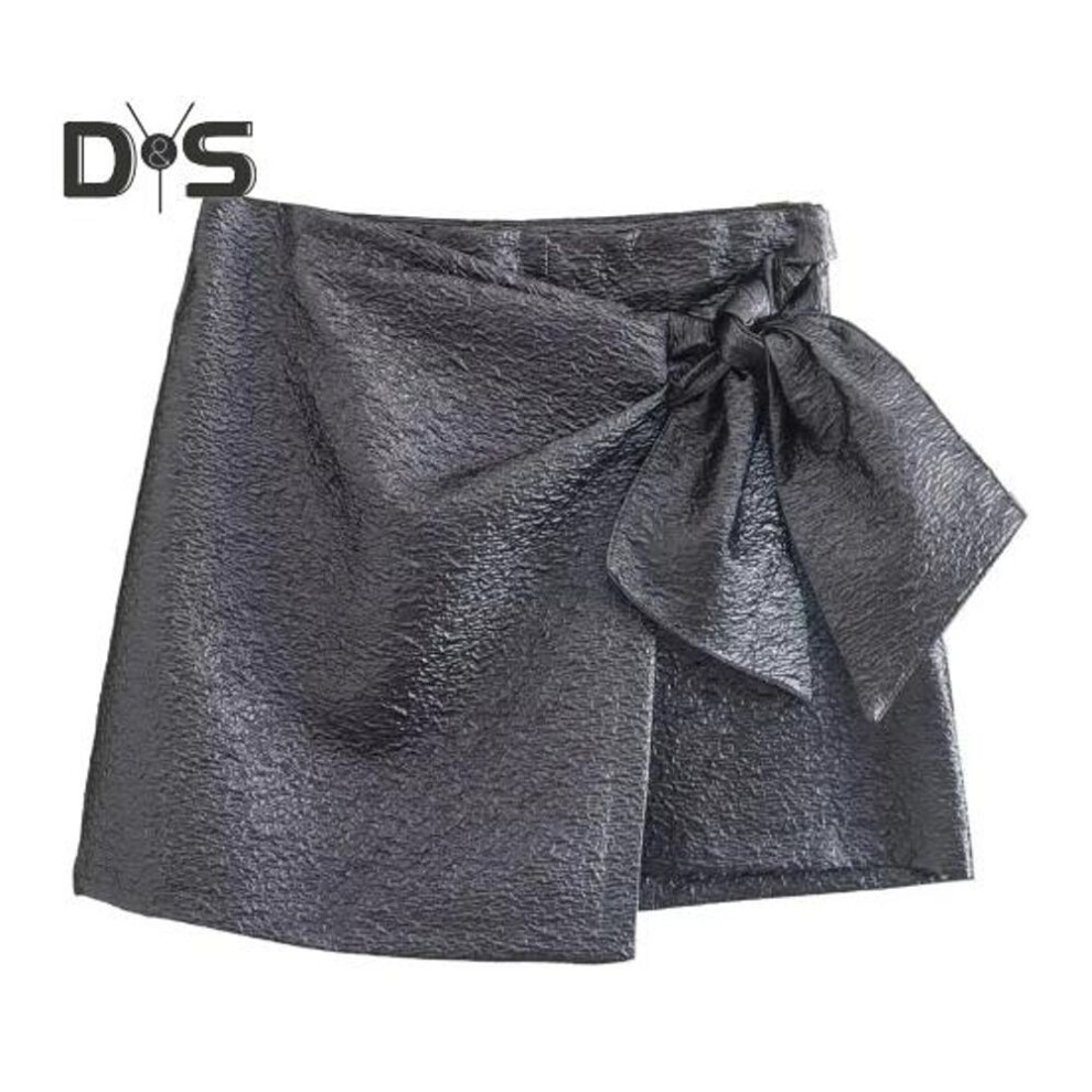 (L, grey) Women Shorts Spring Fall Mini Skirt Style High Waist Ruffle Bowknot Solid Color Glossy Ladies Female Casual Short Pants Trousers Party Clubwear