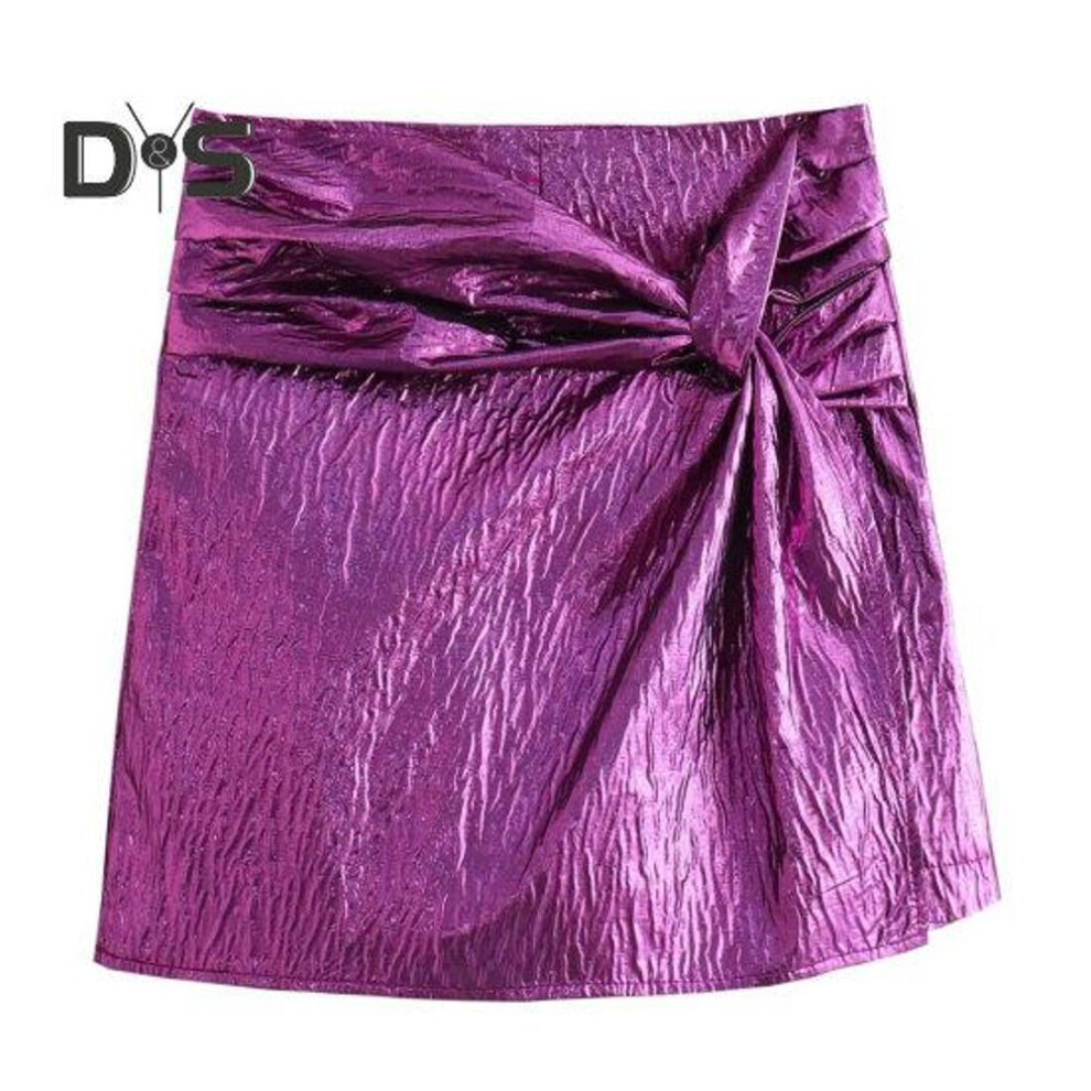(L, purple) Women Autumn Winter Mini Skort High Waist Knot Pleated Shorts Skirt Solid Color Elegant Woman Short Pants Streetwear