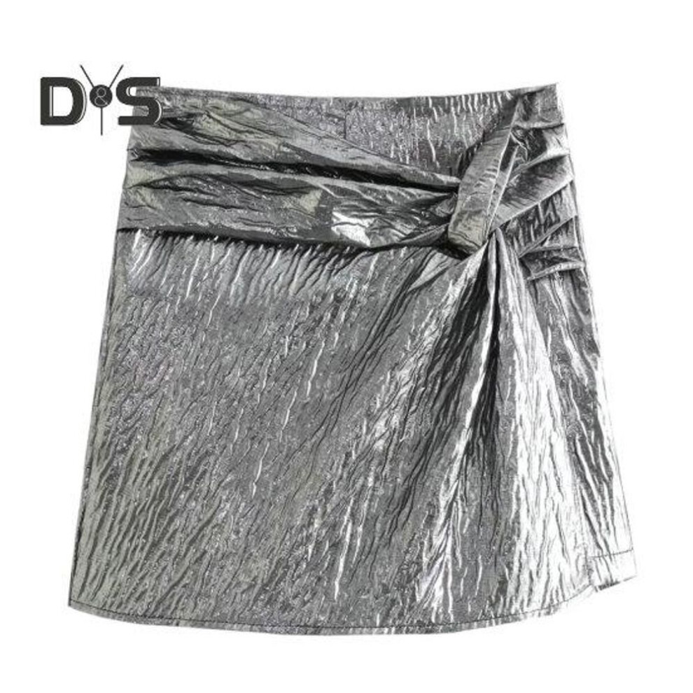 (M, silver) Women Autumn Winter Mini Skort High Waist Knot Pleated Shorts Skirt Solid Color Elegant Woman Short Pants Streetwear