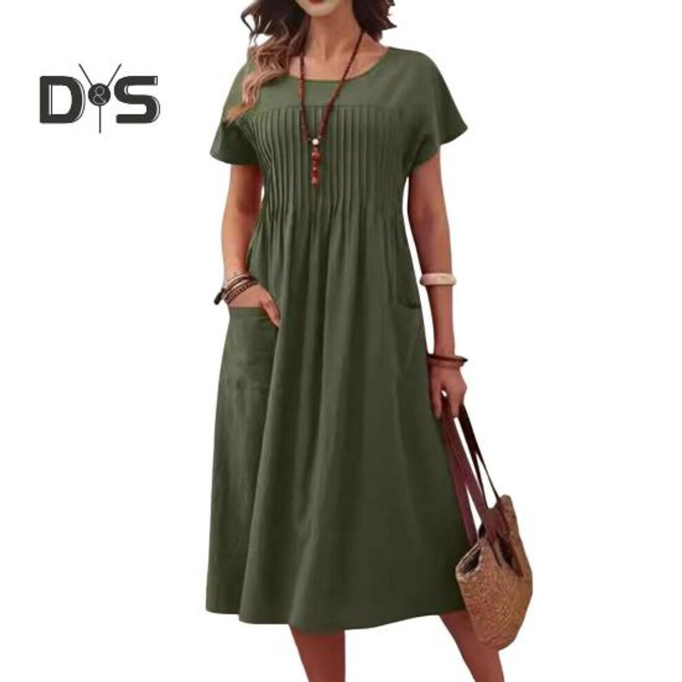 (army green, XL) Women's Casual Dress Round Neck Short Sleeve Maxi Dress with Pocket Loose Fit Summer Dress for Office Daily Beach Party
