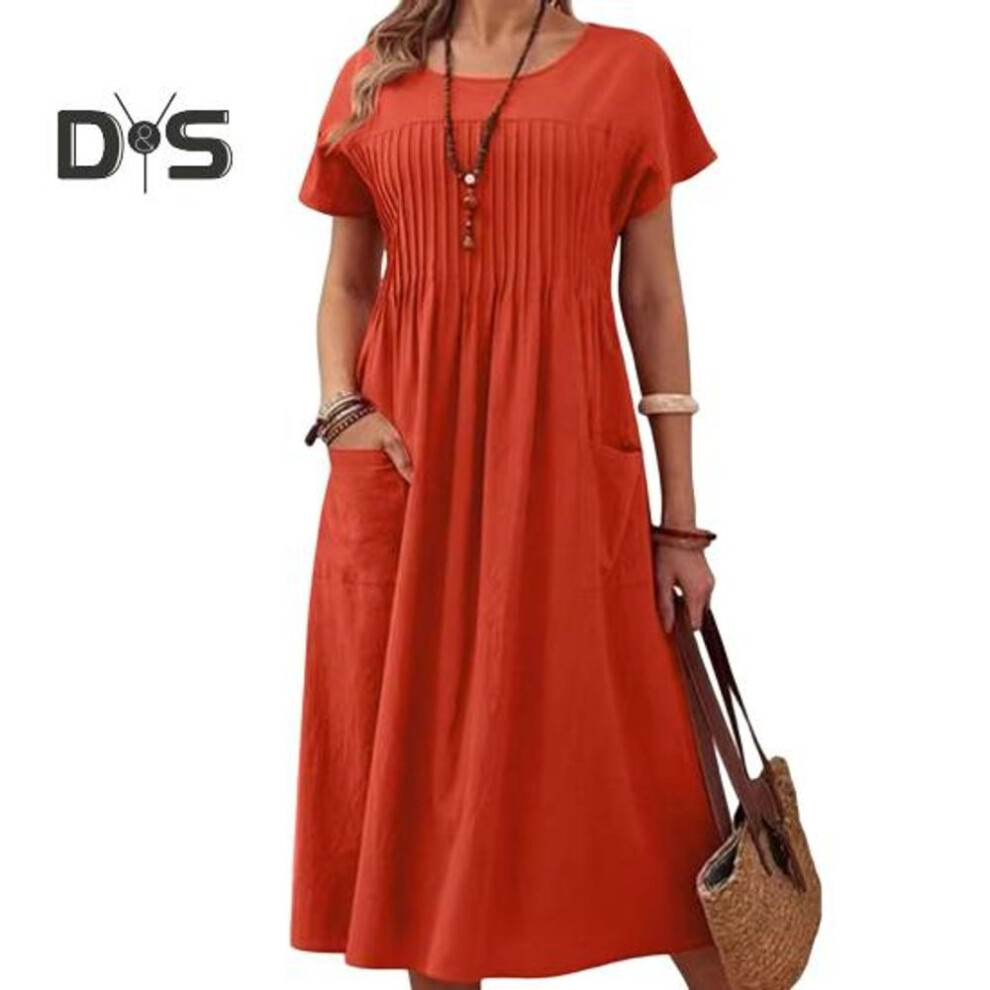 (red,orange, L) Women's Casual Dress Round Neck Short Sleeve Maxi Dress with Pocket Loose Fit Summer Dress for Office Daily Beach Party