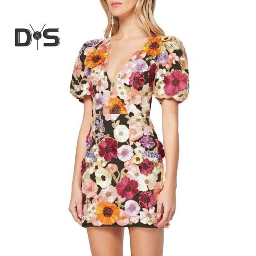 (black, S) Women Mini Dress Colorful Embroidered Flower Decor Short Dress V-neck Puff Short Sleeve Hip Wrapped Gown Dress
