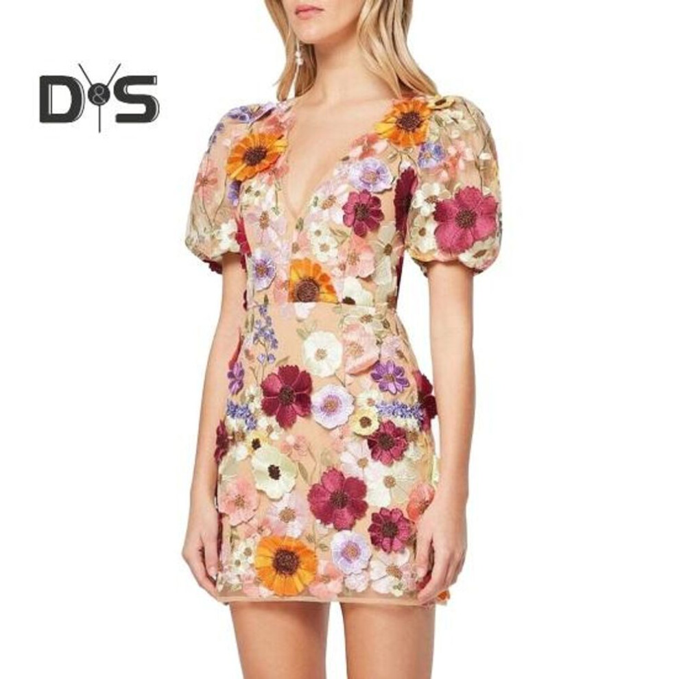 (apricot, L) Women Mini Dress Colorful Embroidered Flower Decor Short Dress V-neck Puff Short Sleeve Hip Wrapped Gown Dress