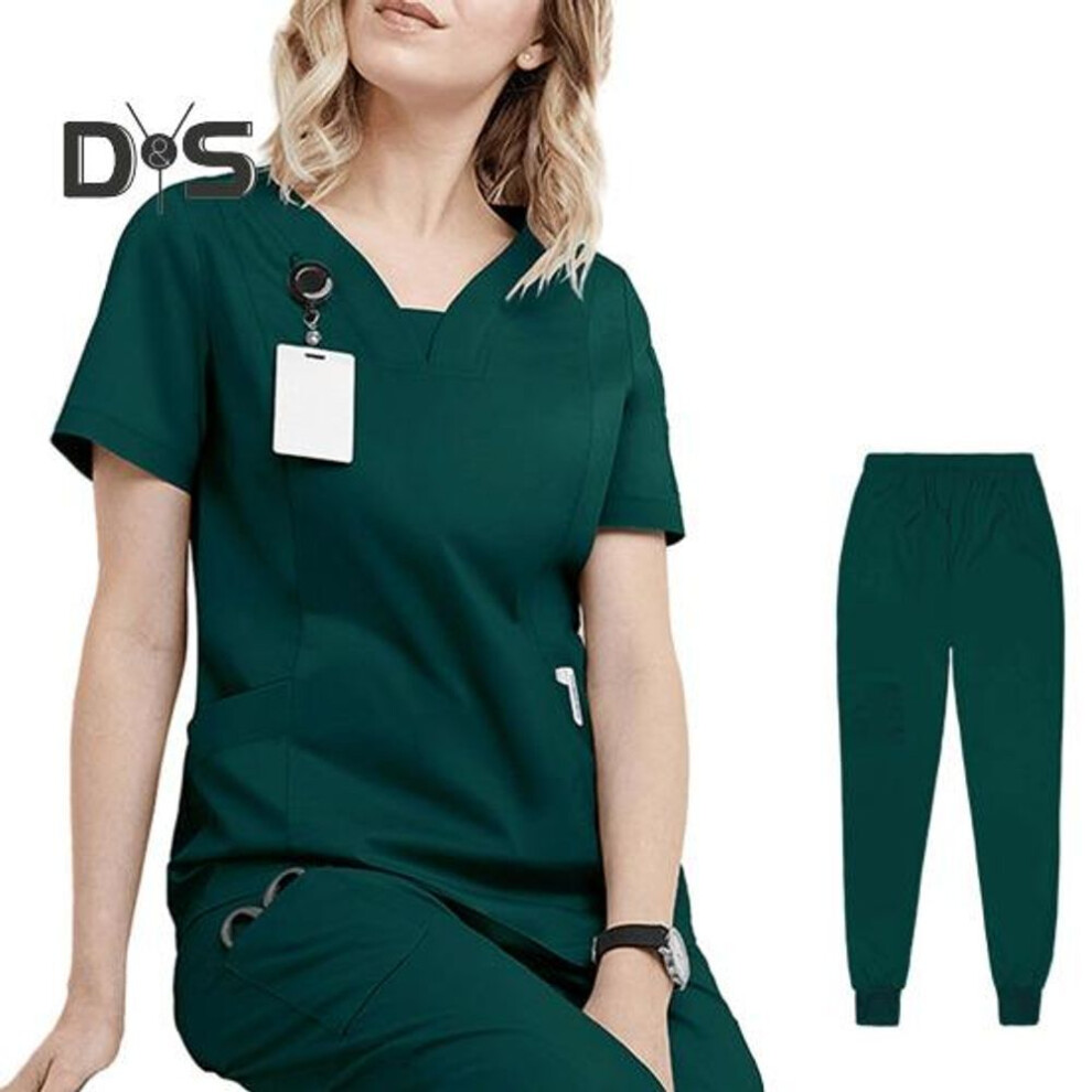 (dark green, 2XL) 2pcs/set Women Hospital Uniform Set V Neck Short Sleeve Pockets Tops Elastic Waist Jogger Pants Set Quick Drying Hospital Dental Nurse Suit