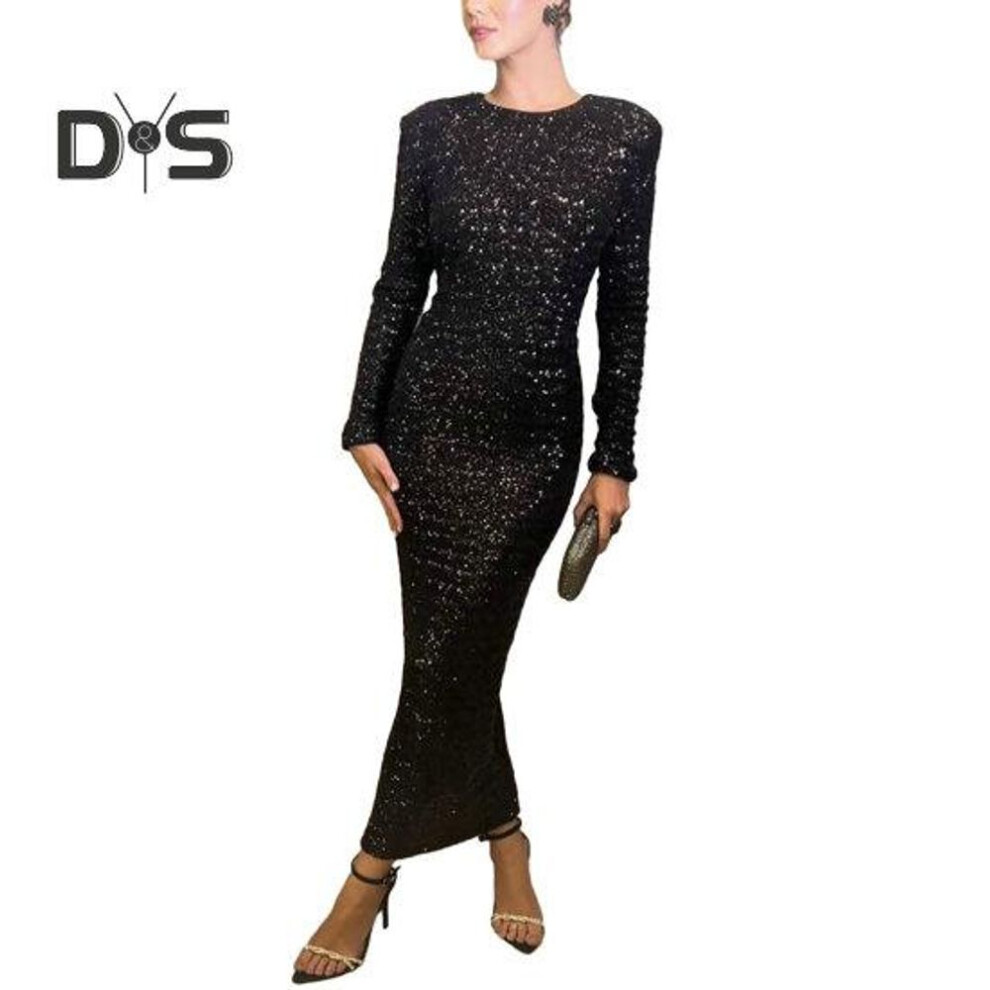 (black, L) Sexy Backless Lace Up Maxi Dress Shiny Sequins Elegant Evening Gown Bow Shoulder Pads Long Dress Back Split Slim Banquet Evening Dress