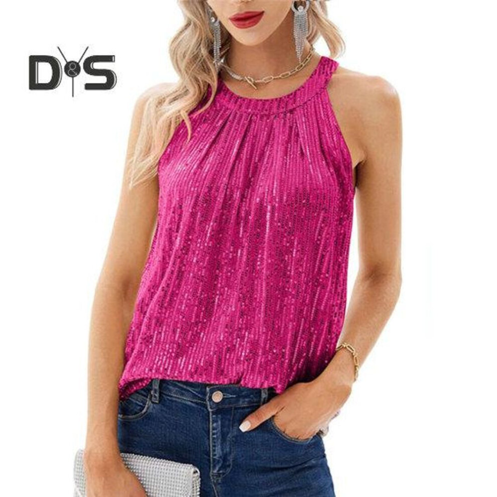 (2XL, rose red) Women Top Halter Neck Shiny Sequin Off Shoulder Sleeveless Solid Color Loose Soft Breathable Pullover Lady Club Party Tank Top Blouse