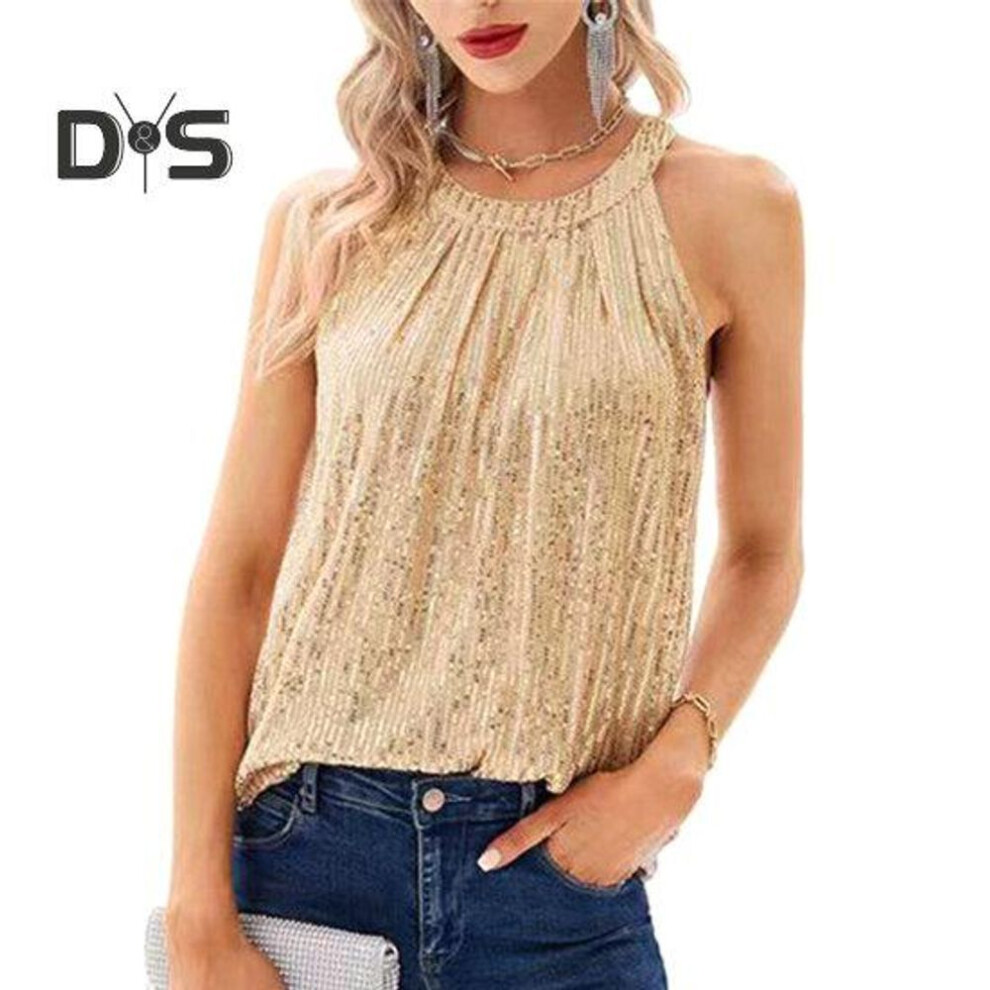 (M, champagne) Women Top Halter Neck Shiny Sequin Off Shoulder Sleeveless Solid Color Loose Soft Breathable Pullover Lady Club Party Tank Top Blouse