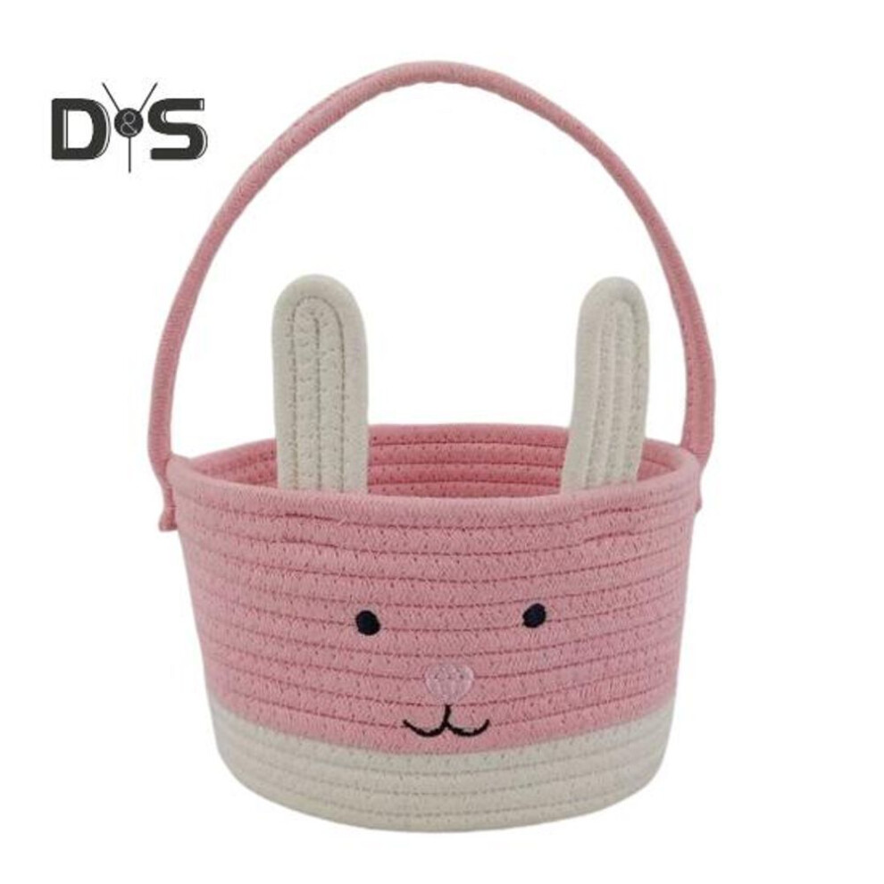 (white,pink) Easter Bunny Basket for Kids Small Cotton Rope Woven Basket with Handle And Rabbit Ear Empty Bunny Egg Basket for Toddler Babies Infant