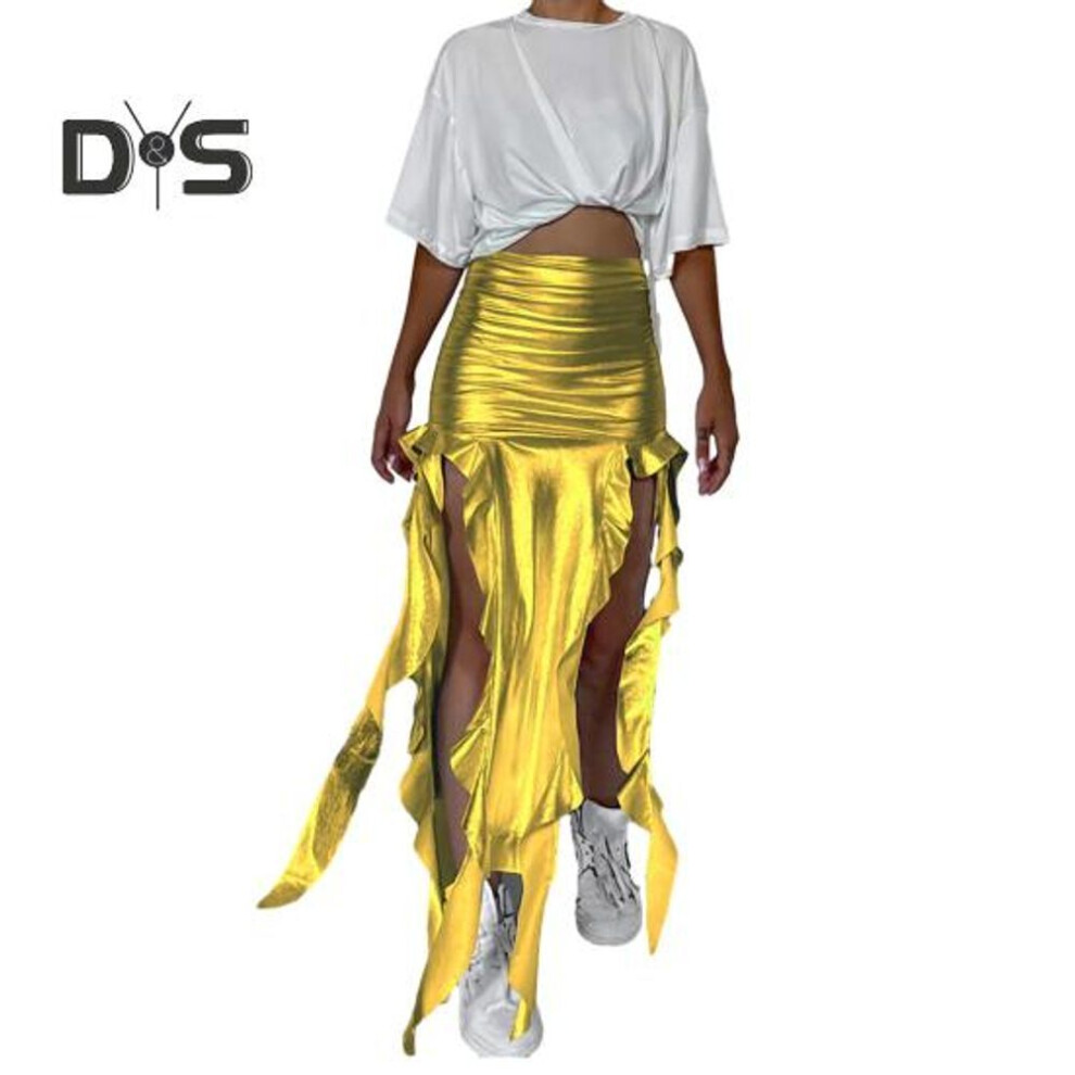 (S, golden) Sexy Women Maxi Skirt High Waist Ruffle Trim Tassel Long Skirt Asymmetric Slim Fit Irregular Skirt Fishtail Skirt